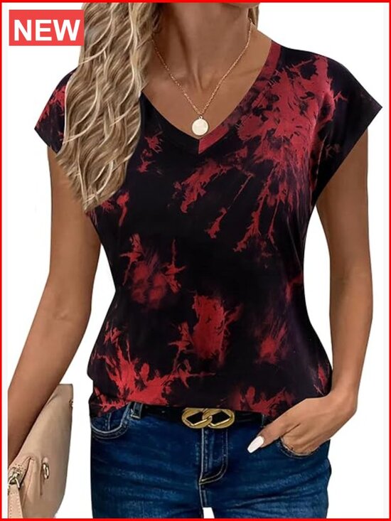 Tops - V-Neck Cap Sleeve Graphic Tee, 95% Cotton 5% Elastane, Loose Fit Summer Top
